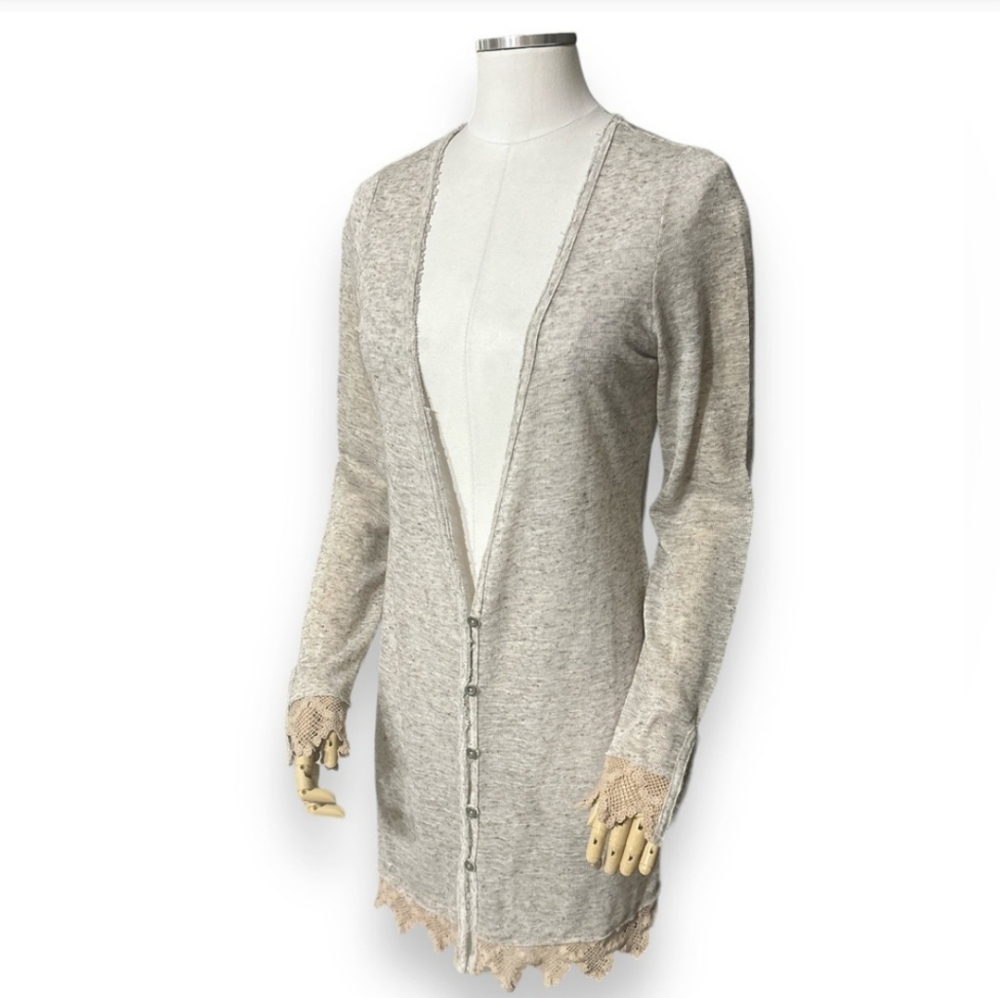 FREE PEOPLE Linen Blend Slub Knit Maxi Cardigan Crochet Lace Trim